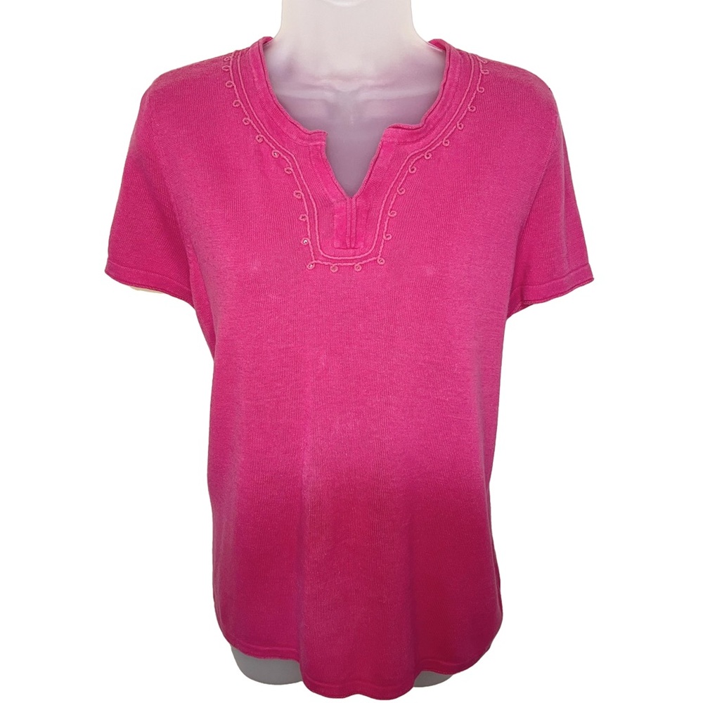Chicos 2 Large Linen Cotton Short Sleeve Split Neck Embroidered Sequin Top